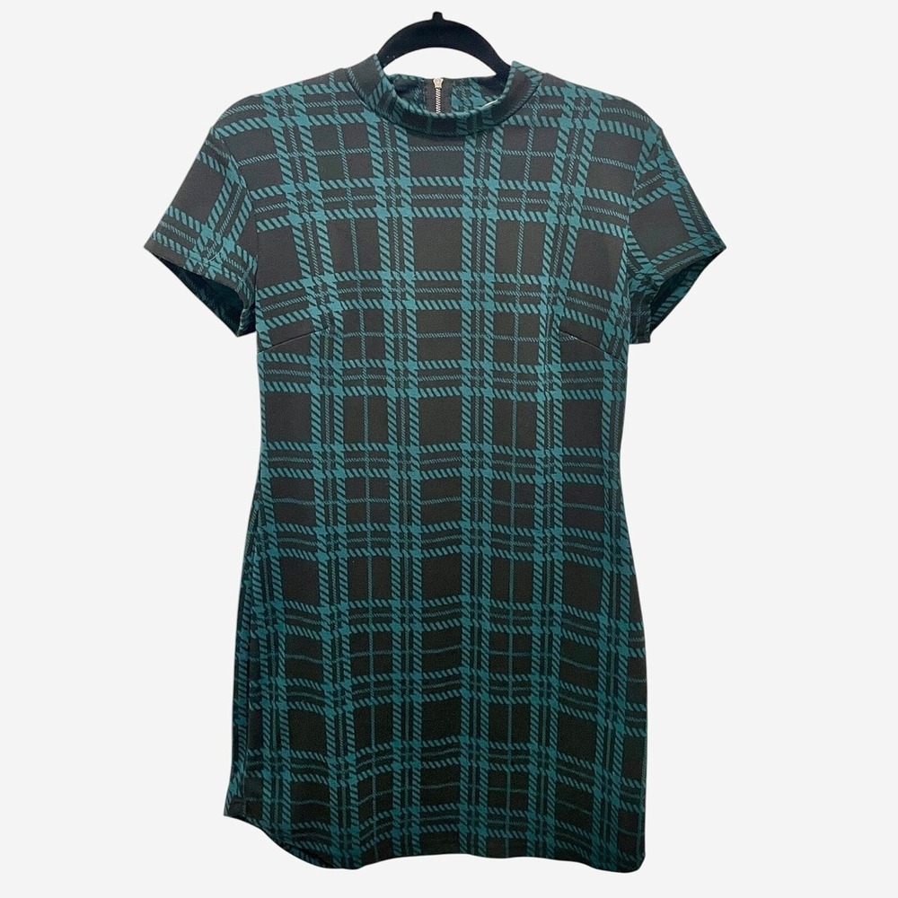 Apricot Plaid Shift Dress Women Size 8 Teal Black Dark Academia Preppy Grunge